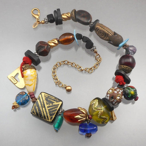 Vintage Chico's Statement Necklace with Glass Beads and Charms - Multicolor, Gold Tone - Wood, Plastic, Shell, Murano Style Glass