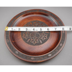2 Vintage Polish Folk Art Hand Carved Wood Plates with Inlaid Brass Metal - Flower Designs - Made in Poland