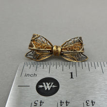 Load image into Gallery viewer, Vintage Victorian Revival Gilt 800 Silver Cannetille Gold Filigree Brooch Ribbon Bow Childs Pin