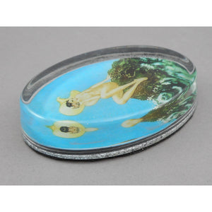 Vintage Glass Paperweight - Louis Icart Print - " Le Coquillage " (Song of the Sea), circa 1930 - Art Deco Era - Nude Wearing Hat on Beach with Seashell