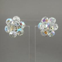 Load image into Gallery viewer, Vintage 1950s Iridescent Glass Cluster Clip On Earrings - AB Aurora Borealis Crystal Beads - Daisy Flower Design