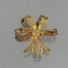 Load image into Gallery viewer, Vintage Victorian Revival Cameo Bow Brooch - Hand Carved Shell, 800 Gilt Silver Cannetille Filigree Ribbon -  Art Deco Era Pin