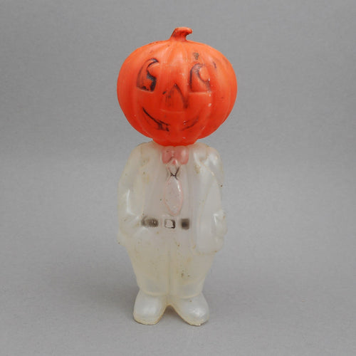 Vintage 60s or 70s Halloween Candy Container - Plastic Pumpkin Head Man in Suit - Jack O Lantern - Orange and White - Hong Kong