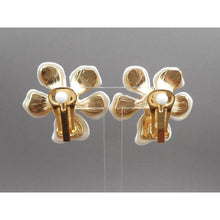Load image into Gallery viewer, Vintage Kenneth J Lane KJL Earrings - White Faux Mother of Pearl Plastic Flowers with Crystals - Gold Tone Clip On