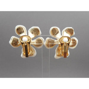 Vintage Kenneth J Lane KJL Earrings - White Faux Mother of Pearl Plastic Flowers with Crystals - Gold Tone Clip On