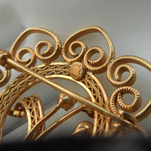 Load image into Gallery viewer, Excellent Vintage 1950s 12K Gold Filled Filigree Brooch Pin with Genuine Pearls - Mid Century Modern Era - Flowers, Leaf, Wreath and Hearts