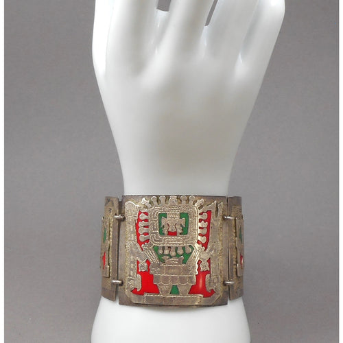 Vintage Peruvian Storyteller Panel Bracelet - Handmade, Sterling Silver and Enamel Inlay Links - Signed Fabes Peru 925