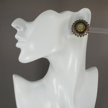 Load image into Gallery viewer, Vintage 1950s HAR Hargo Clip On Earrings - Faux Turquoise and Garnet Stones - Gold Tone, Green Glass Cabochons, Red Rhinestones - Signed Designer Estate Costume Jewelry