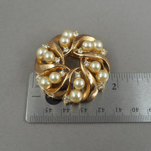 Load image into Gallery viewer, Excellent Vintage 1954 Signed Crown Trifari Brooch Pin - Trade Winds Jewelry Collection by Alfred Philippe - "Trifanium" Gold Tone, Rhinestones, Faux Pearls