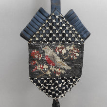 Load image into Gallery viewer, Antique Victorian Micro Bead Wristlet Purse with Beaded Tassel - Pleated Black Satin - Dove Bird Design - Black, Silver, Red