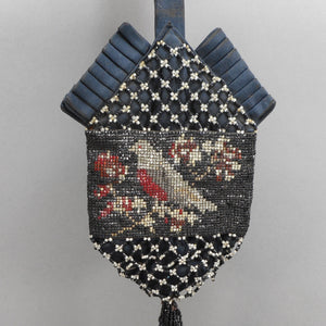 Antique Victorian Micro Bead Wristlet Purse with Beaded Tassel - Pleated Black Satin - Dove Bird Design - Black, Silver, Red