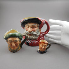 Load image into Gallery viewer, Lot of 3 Vintage Royal Doulton Toby Jugs Pitchers - Mini, Small, Medium - Fat Boy, Falstaff, Auld Mac - Made in England