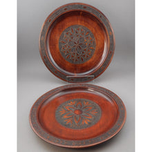 Load image into Gallery viewer, 2 Vintage Polish Folk Art Hand Carved Wood Plates with Inlaid Brass Metal - Flower Designs - Made in Poland