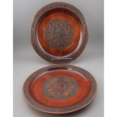 2 Vintage Polish Folk Art Hand Carved Wood Plates with Inlaid Brass Metal - Flower Designs - Made in Poland