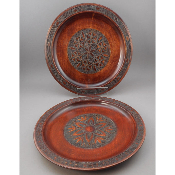 2 Vintage Polish Folk Art Hand Carved Wood Plates with Inlaid Brass Metal - Flower Designs - Made in Poland