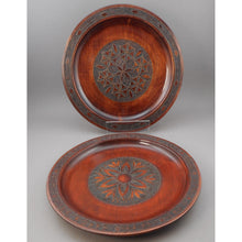 Load image into Gallery viewer, 2 Vintage Polish Folk Art Hand Carved Wood Plates with Inlaid Brass Metal - Flower Designs - Made in Poland