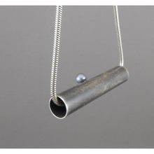 Load image into Gallery viewer, Vintage Artisan Jewelry Pendant Necklace - Handmade, Oxidized Sterling Silver Tube with Genuine Gray and White Pearls, Gold Accent
