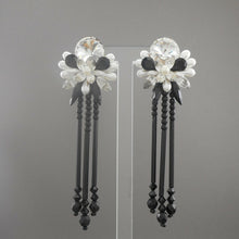 Load image into Gallery viewer, Vintage French Jet Chandelier Dangle Earrings Faux Pearl Black Glass Rhinestones