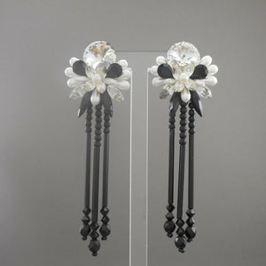 Vintage French Jet Chandelier Dangle Earrings Faux Pearl Black Glass Rhinestones