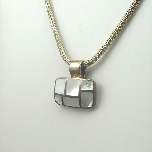 Vintage Mother of Pearl Shell Sterling Silver Pendant w/ Wheat Chain Modernist Geometric Design