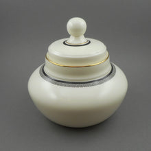 Load image into Gallery viewer, Vintage 1980s Royal Doulton Olympia Sugar Bowl - Black, White, Gold Greek Key Design Lidded Jar, Trinket Box - Fine Bone China, England