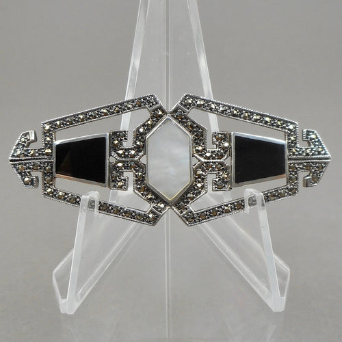 Vintage Art Deco Revival / Victorian Style Brooch Pin - Mother of Pearl, Black Onyx, Marcasite and Sterling Silver
