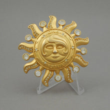Load image into Gallery viewer, Vintage Kirks Folly One Love Sun Face Brooch / Enhancer Pendant - Gold Tone Rhinestone Pin - Signed Designer Jewelry