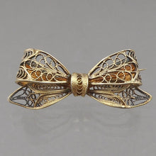 Load image into Gallery viewer, Vintage Victorian Revival Gilt 800 Silver Cannetille Gold Filigree Brooch Ribbon Bow Childs Pin