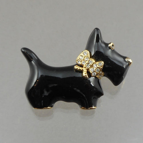 Excellent Vintage Scottie Dog Brooch Lapel Pin - Black Enamel, Crystals or Rhinestones, Gold Tone