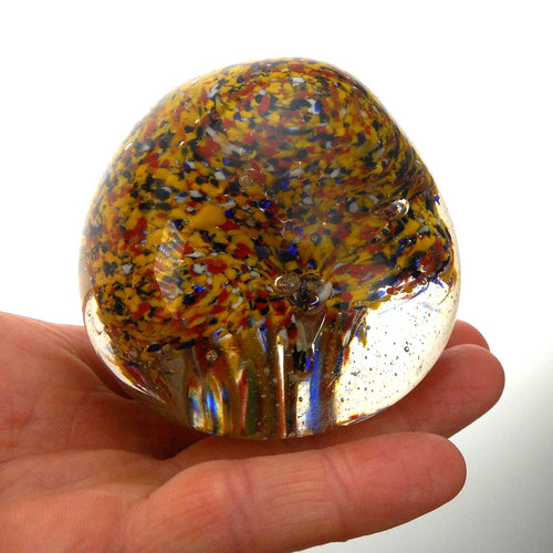 Antique Vintage Handblown Art Glass Paperweight - Bubbles, Multicolor Frit - Blue, Red, Gold