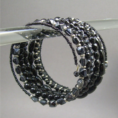 Vintage Adjustable Glass Beaded Wrap Around Cuff Bracelet - Black, Silver Tone - Round, Oval, Seed Beads on a Wire Coil