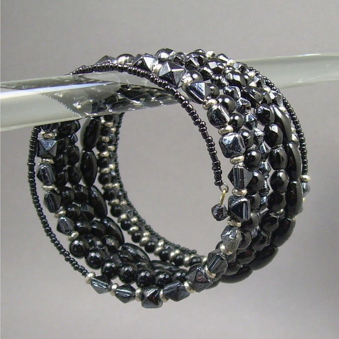 Vintage Adjustable Glass Beaded Wrap Around Cuff Bracelet - Black, Silver Tone - Round, Oval, Seed Beads on a Wire Coil