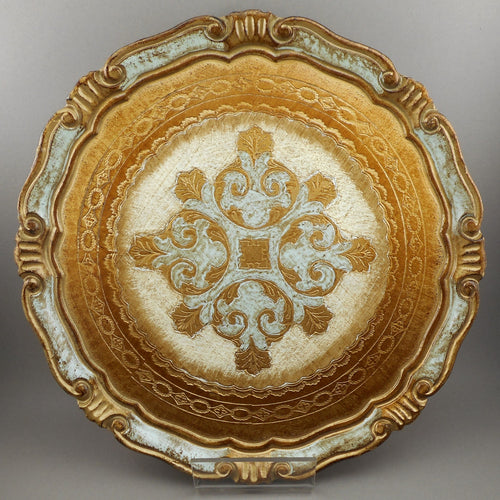 Pristine Vintage Italian Florentine Gilded Wood Plate - circa 1960 / 1970 Renaissance Revival Style - Gold, White, Blue Round Tray - Handpainted, Made in Florence, Italy - Estate Collection