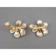 Load image into Gallery viewer, Vintage Kenneth J Lane KJL Earrings - White Faux Mother of Pearl Plastic Flowers with Crystals - Gold Tone Clip On