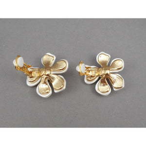 Vintage Kenneth J Lane KJL Earrings - White Faux Mother of Pearl Plastic Flowers with Crystals - Gold Tone Clip On