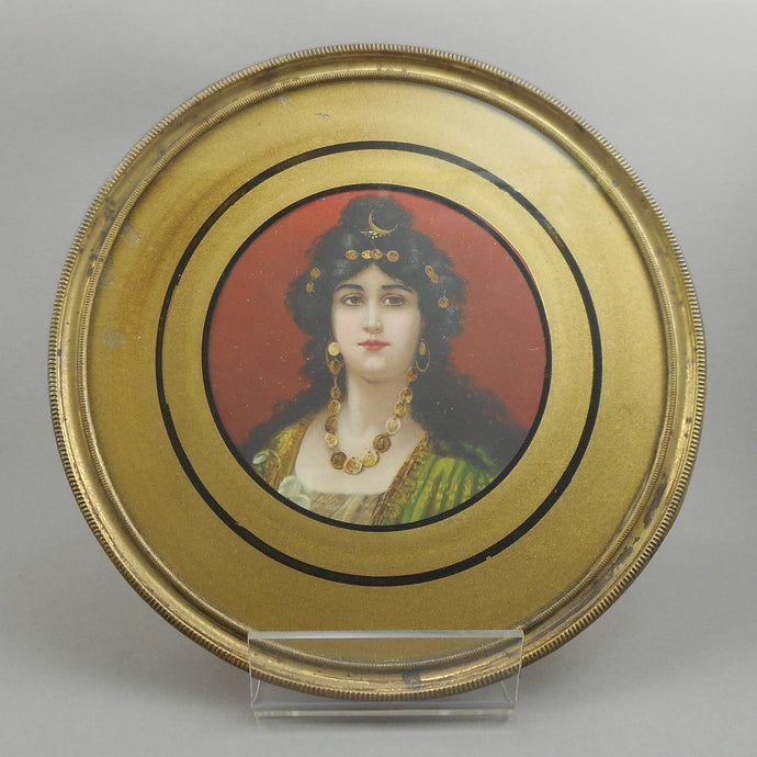 Antique Framed Reverse Painted Glass Chimney Flue Cover - Victorian Era Art Print Wall Hanging - Portrait of a Gypsy Woman