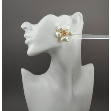 Load image into Gallery viewer, Vintage Kenneth J Lane KJL Earrings - White Faux Mother of Pearl Plastic Flowers with Crystals - Gold Tone Clip On