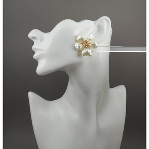 Vintage Kenneth J Lane KJL Earrings - White Faux Mother of Pearl Plastic Flowers with Crystals - Gold Tone Clip On