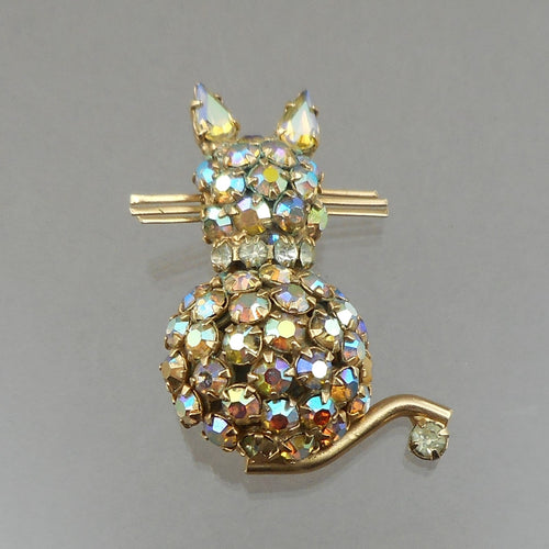 Pristine Vintage Warner Cat Brooch Lapel Pin - AB Crystals or Rhinestones, Gold Tone - Signed Designer Costume Jewelry