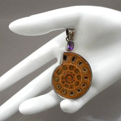 Vintage Ammonite Fossil and Sterling Silver Oval Pendant with an Amethyst Purple Accent Stone - Brown Snail Shell Form Natural Gemstone - circa 1980 - Southwestern Style