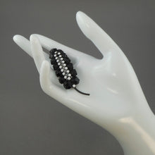 Load image into Gallery viewer, Excellent Black and White Art Deco Style Leaf or Feather Brooch Pin - Opaque Glass Rhinestone Gems, Japanned Finish