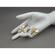 Load image into Gallery viewer, Vintage Kenneth J Lane KJL Earrings - White Faux Mother of Pearl Plastic Flowers with Crystals - Gold Tone Clip On