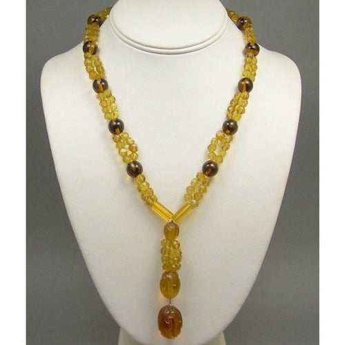 Vintage Czech Art Glass Jewelry Beaded Necklace - Brown, Amber, Gold, Round and Faceted Beads