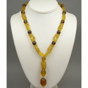 Vintage Czech Art Glass Jewelry Beaded Necklace - Brown, Amber, Gold, Round and Faceted Beads