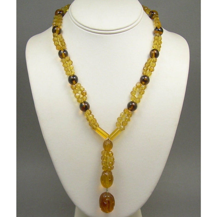 Vintage Czech Art Glass Jewelry Beaded Necklace - Brown, Amber, Gold, Round and Faceted Beads