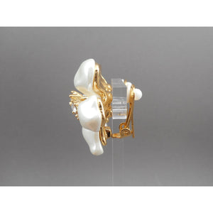 Vintage Kenneth J Lane KJL Earrings - White Faux Mother of Pearl Plastic Flowers with Crystals - Gold Tone Clip On