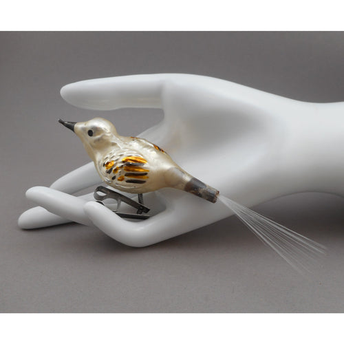 Antique or Vtg German Blown Glass Bird Christmas Ornament - Clip On, Spun Tail - Black White and Gold