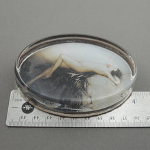 Load image into Gallery viewer, Vintage Glass Louis Icart Paperweight Art Deco Print - " Eve ", circa 1930 * - Woman with Apple - Hand Cast Glass Oval - Fine Art Collectibles - Gift for Icart Collectors