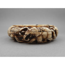 Load image into Gallery viewer, Vintage Carved Layered Cow Bone Bracelet - Elephant and Lion Figures - Large and Heavy Handmade Bangle