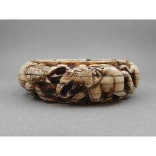 Load image into Gallery viewer, Vintage Carved Layered Cow Bone Bracelet - Elephant and Lion Figures - Large and Heavy Handmade Bangle